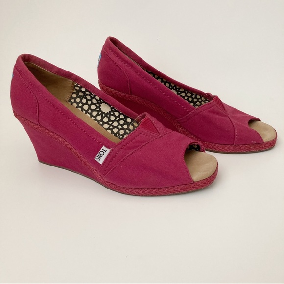 TOMS Peep Toe Wedge Canvas Slip On Shoes - Picture 1 of 8